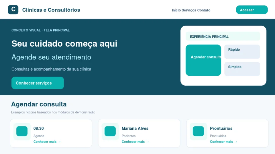 Prévia ilustrativa do layout principal de Clínicas e Consultórios