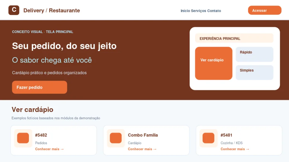 Prévia ilustrativa do layout principal de Delivery / Restaurante