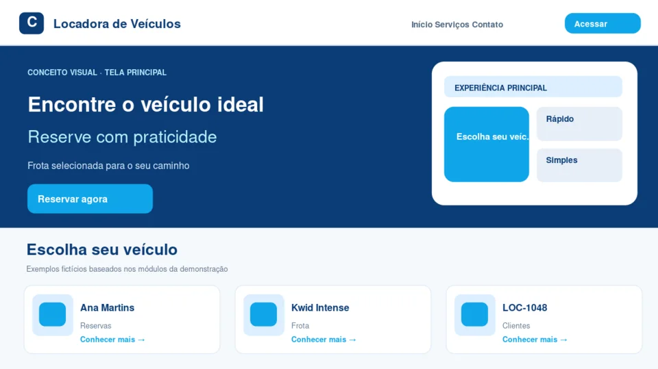 Prévia ilustrativa do layout principal de Locadora de Veículos