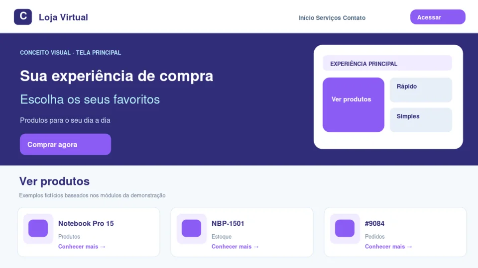 Prévia ilustrativa do layout principal de Loja Virtual