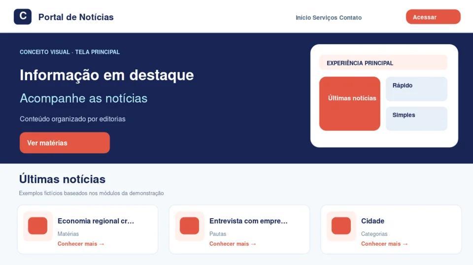 Prévia ilustrativa do layout principal de Portal de Notícias