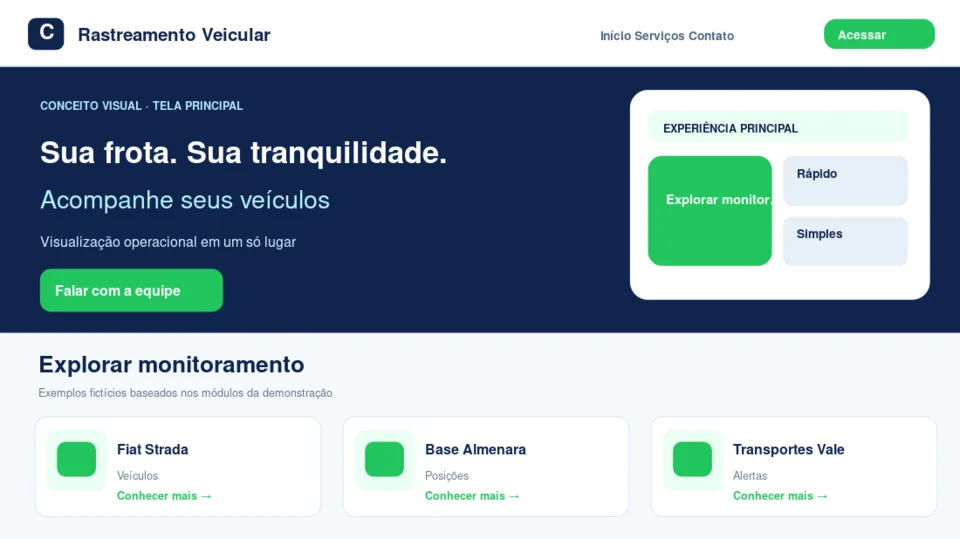 Prévia ilustrativa do layout principal de Rastreamento Veicular